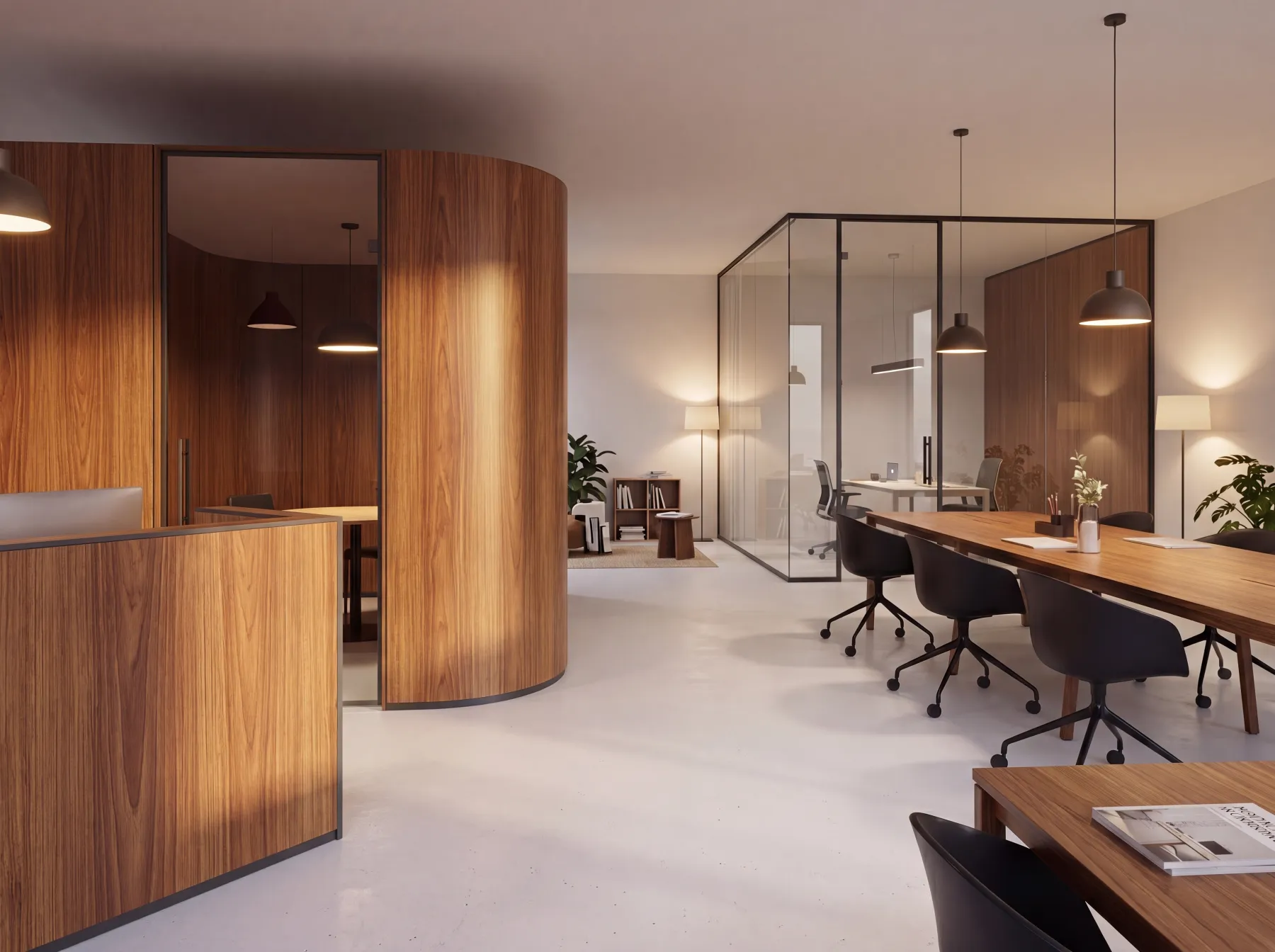 Office interior surfaced with conventional high-pressure laminate (HPL) panels