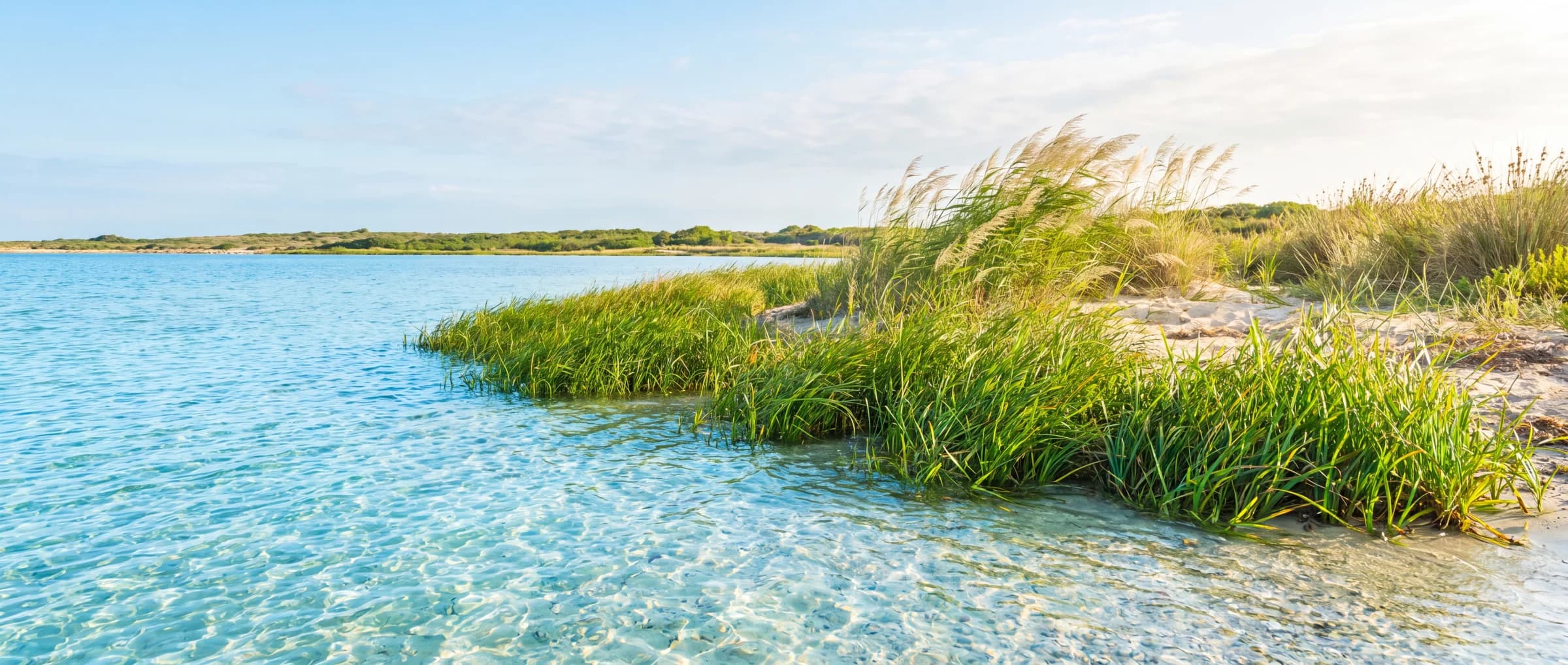 Bright coastal lagoon — green reeds and grasses at the edge of clear turquoise water under a soft blue sky