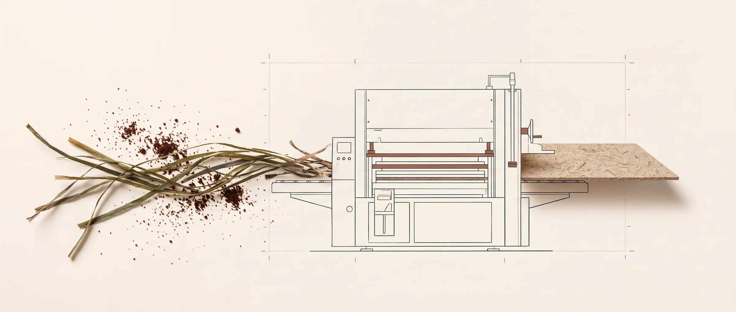 Technical drawing of the PHEE press line: real seagrass and coffee grounds enter the drawn machine and a pressed biocomposite panel emerges