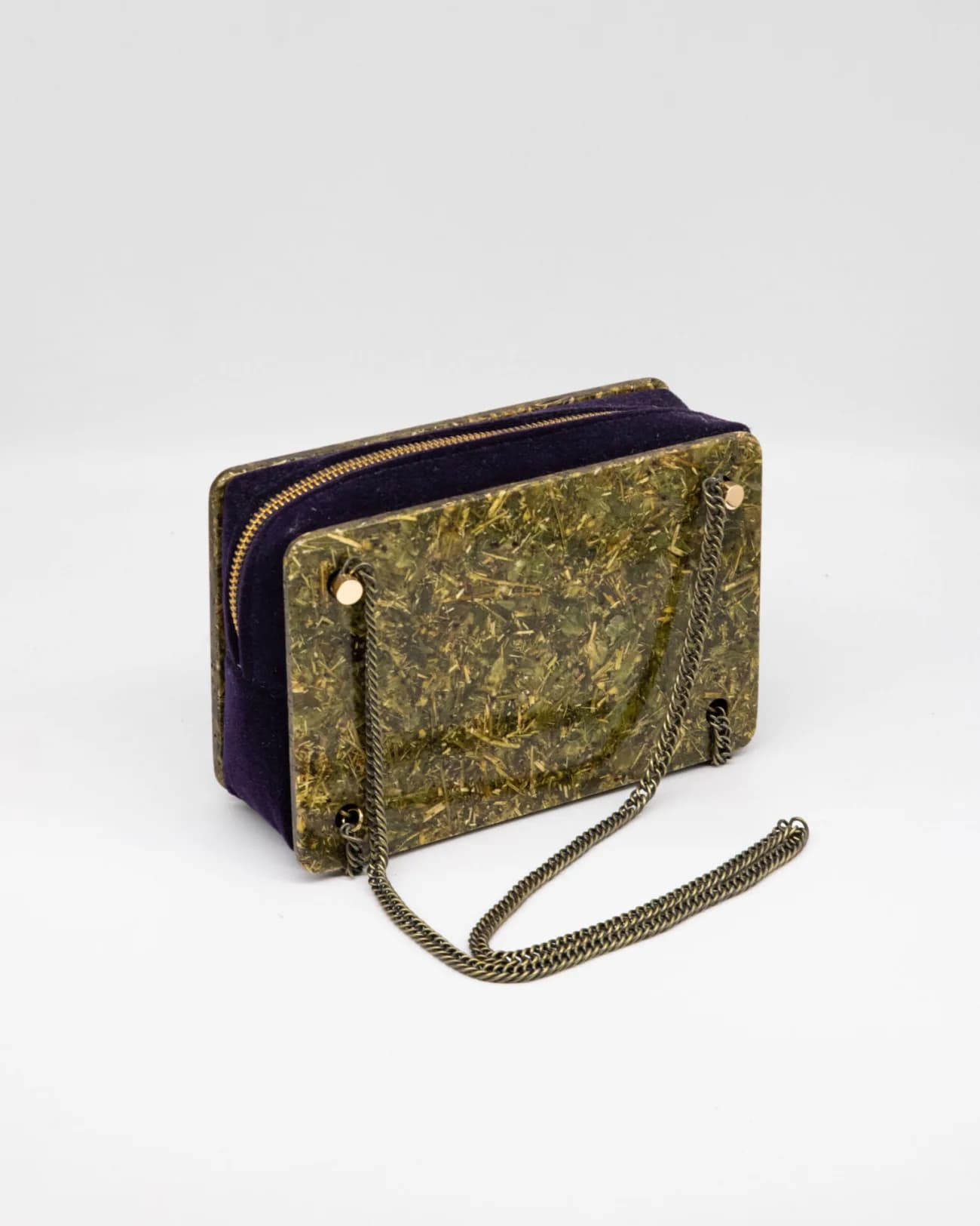 Blue in Green box clutch with a Tee Board™ panel and chain strap