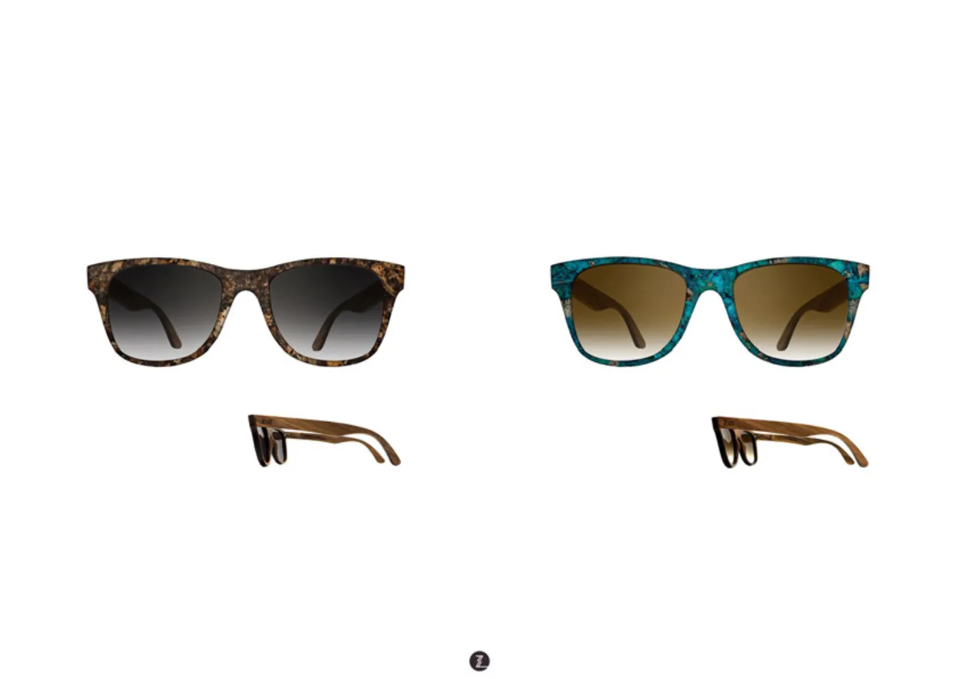 Zeyelo WAVE frames in natural and light-blue seagrass, front and side